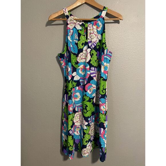Jude Connally Dress Womens Large Blue Green Floral Sleeveless Keyhole Summer USA - Picture 1 of 8
